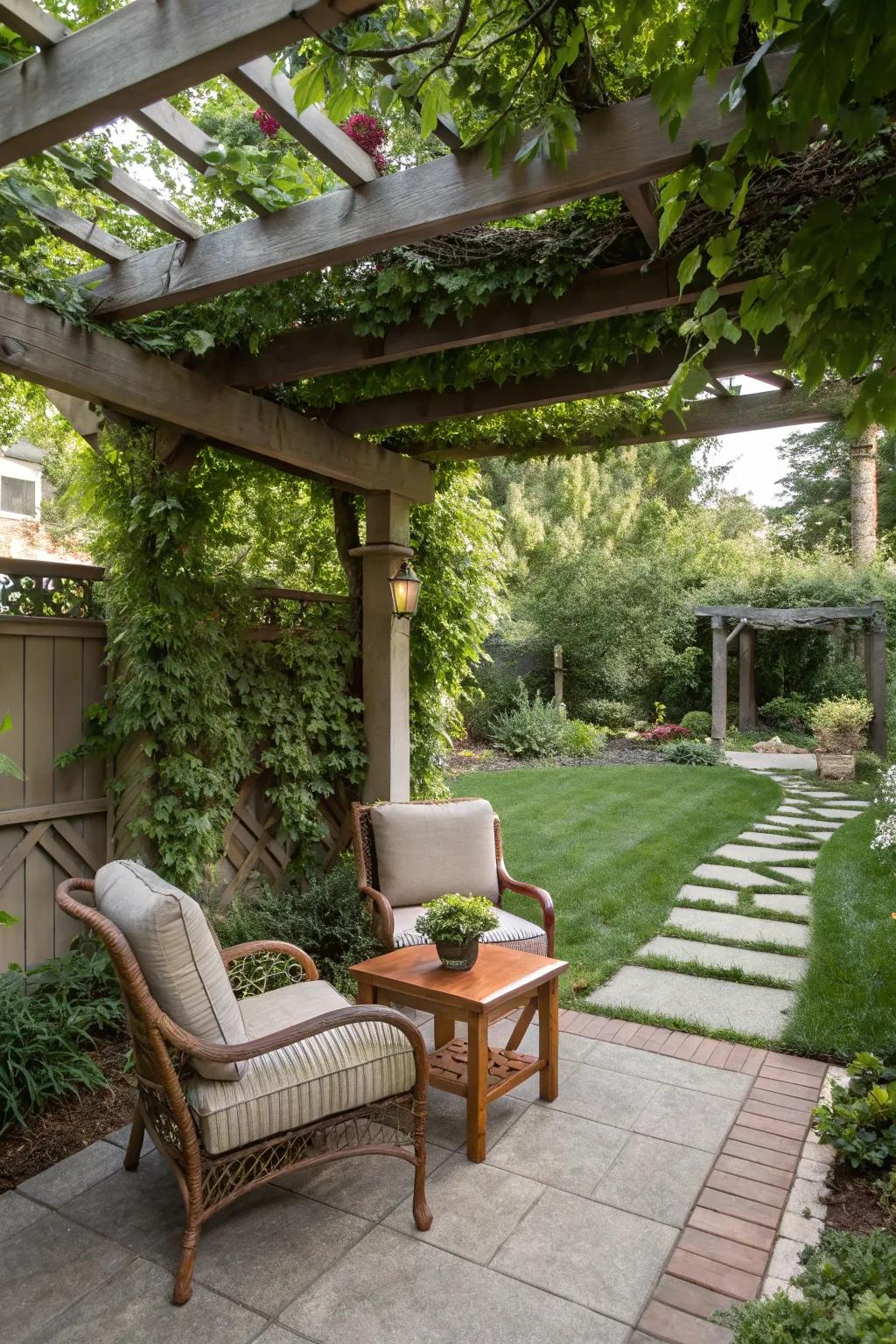 A cozy seating area under a pergola, ideal for relaxation and conversation.