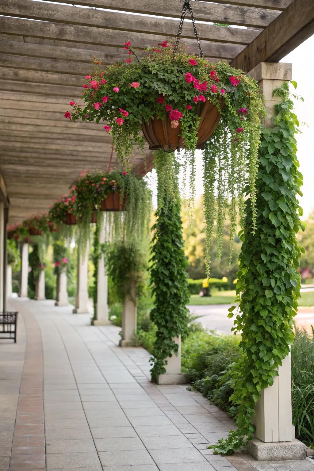 A vertical garden adds a touch of nature to a side yard pergola.