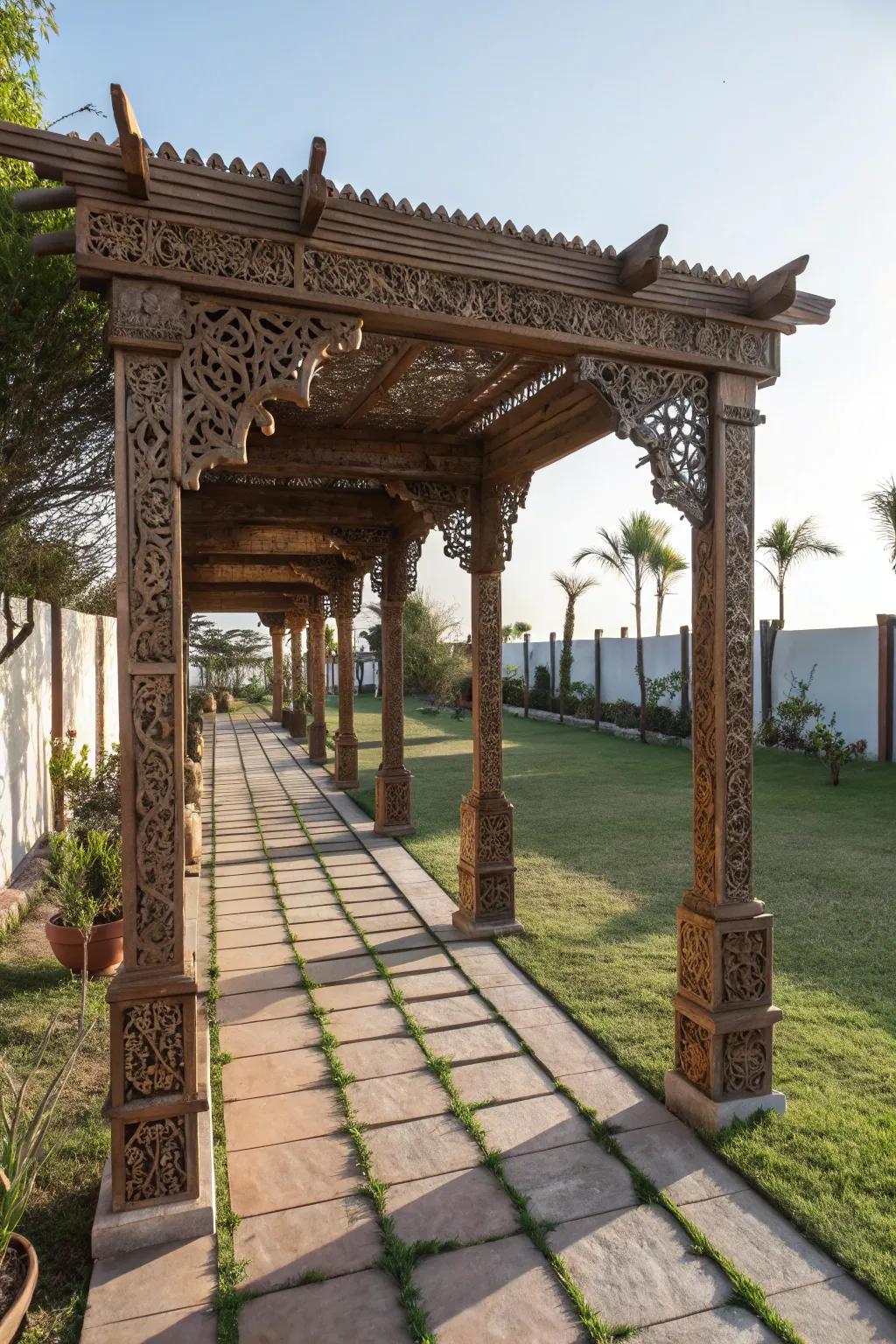 Artistic features on a pergola add a unique focal point to your side yard.