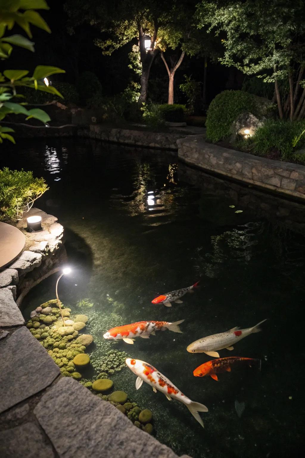 A koi pond beautifully lit with underwater lights at night.
