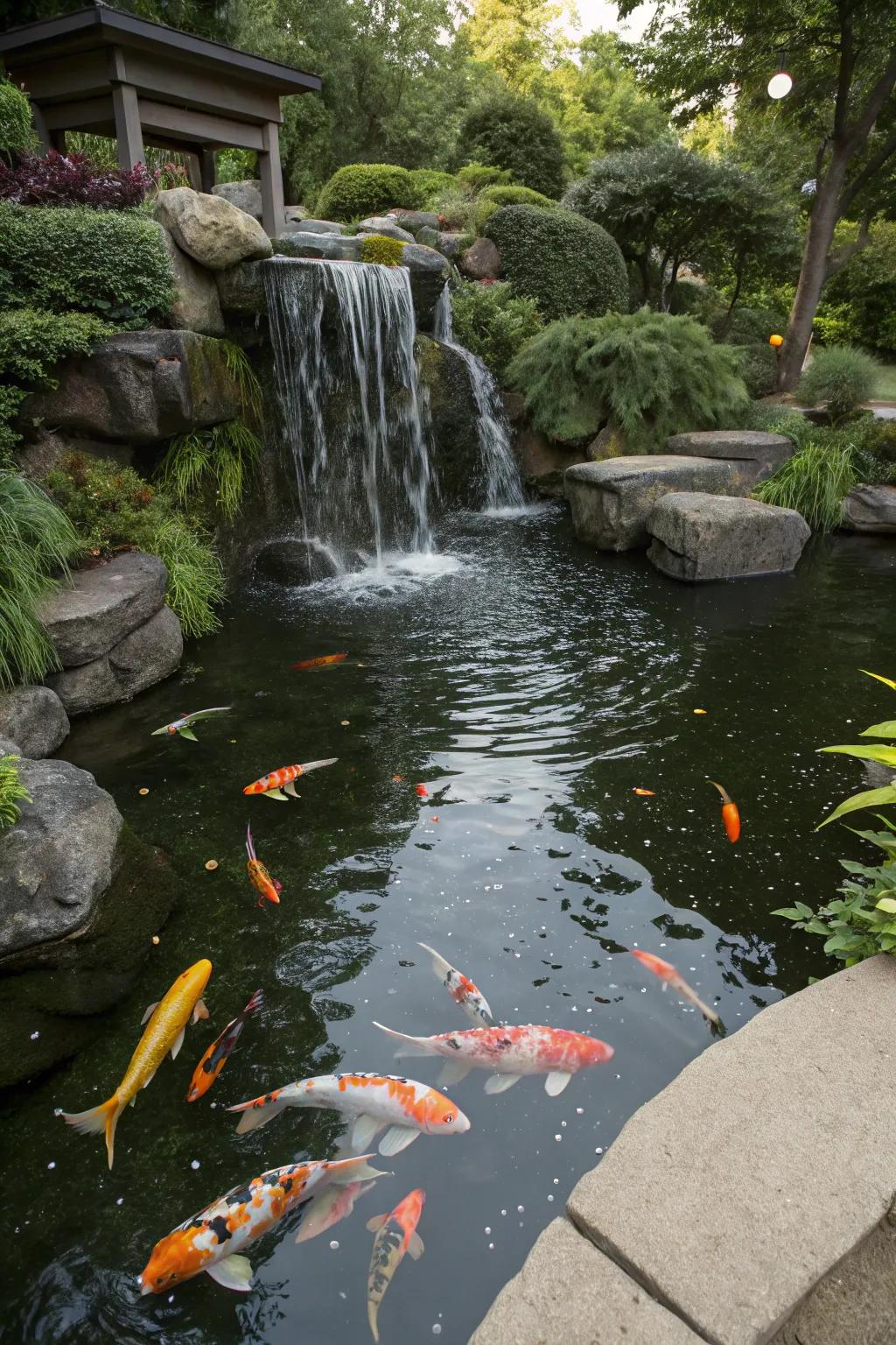 A koi pond featuring a soothing waterfall.