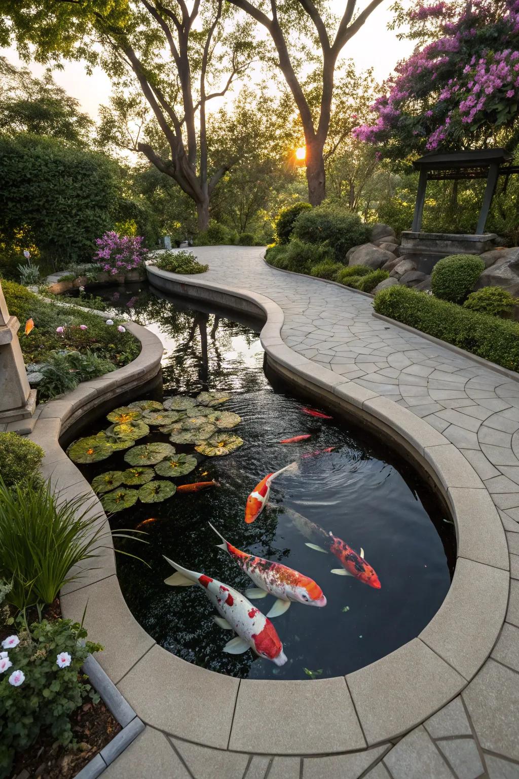 A uniquely shaped koi pond that adds visual interest.