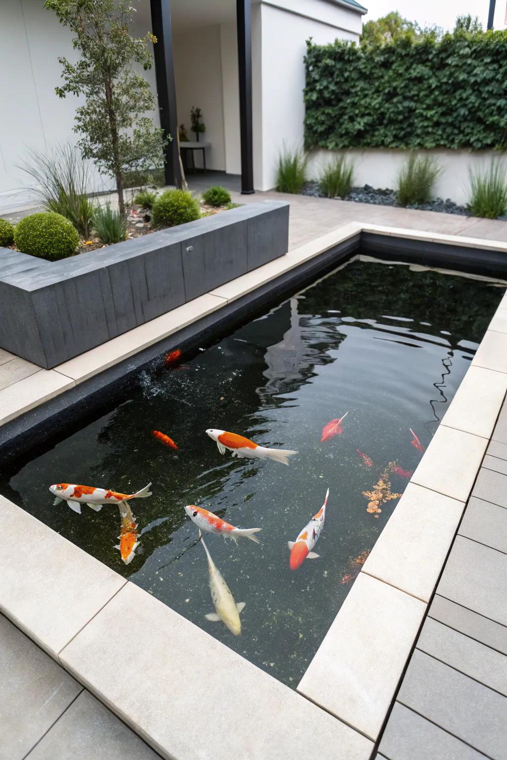 A modern koi pond with sleek and minimalistic design.