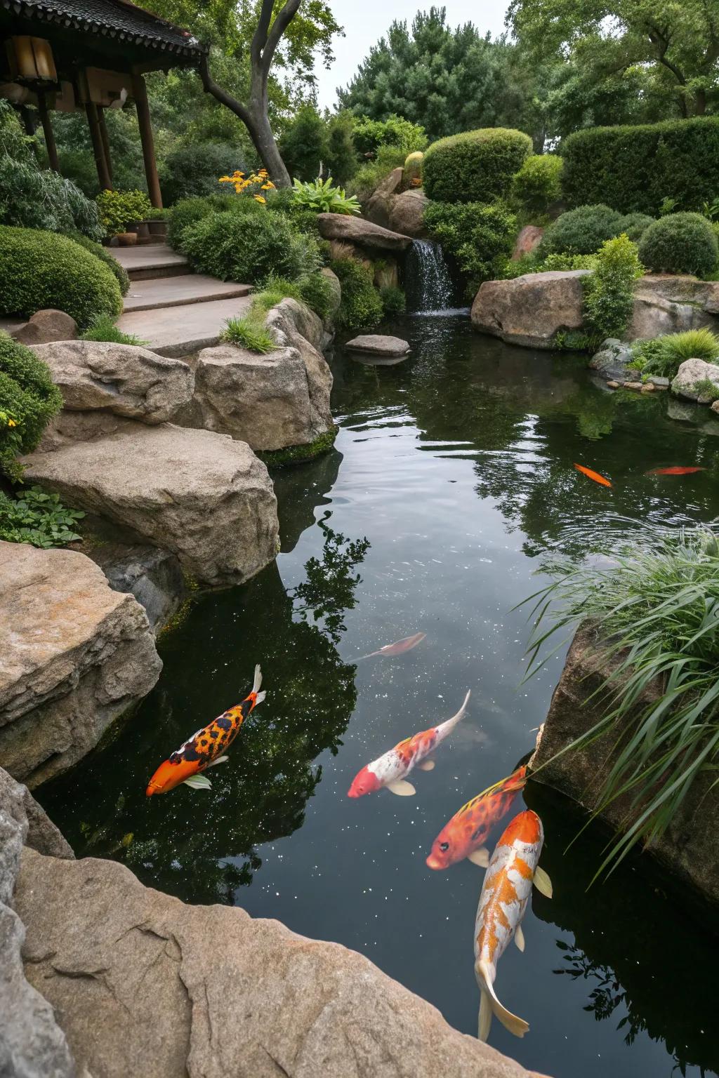 A koi pond featuring natural rock formations for a rustic look.