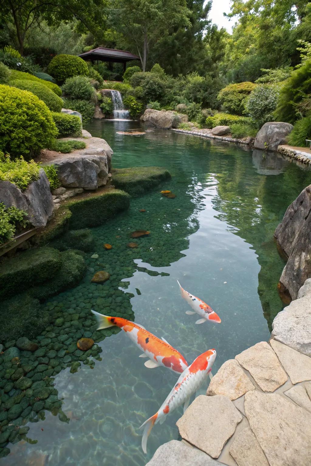 A koi pond with crystal clear water showcasing the colorful fish.