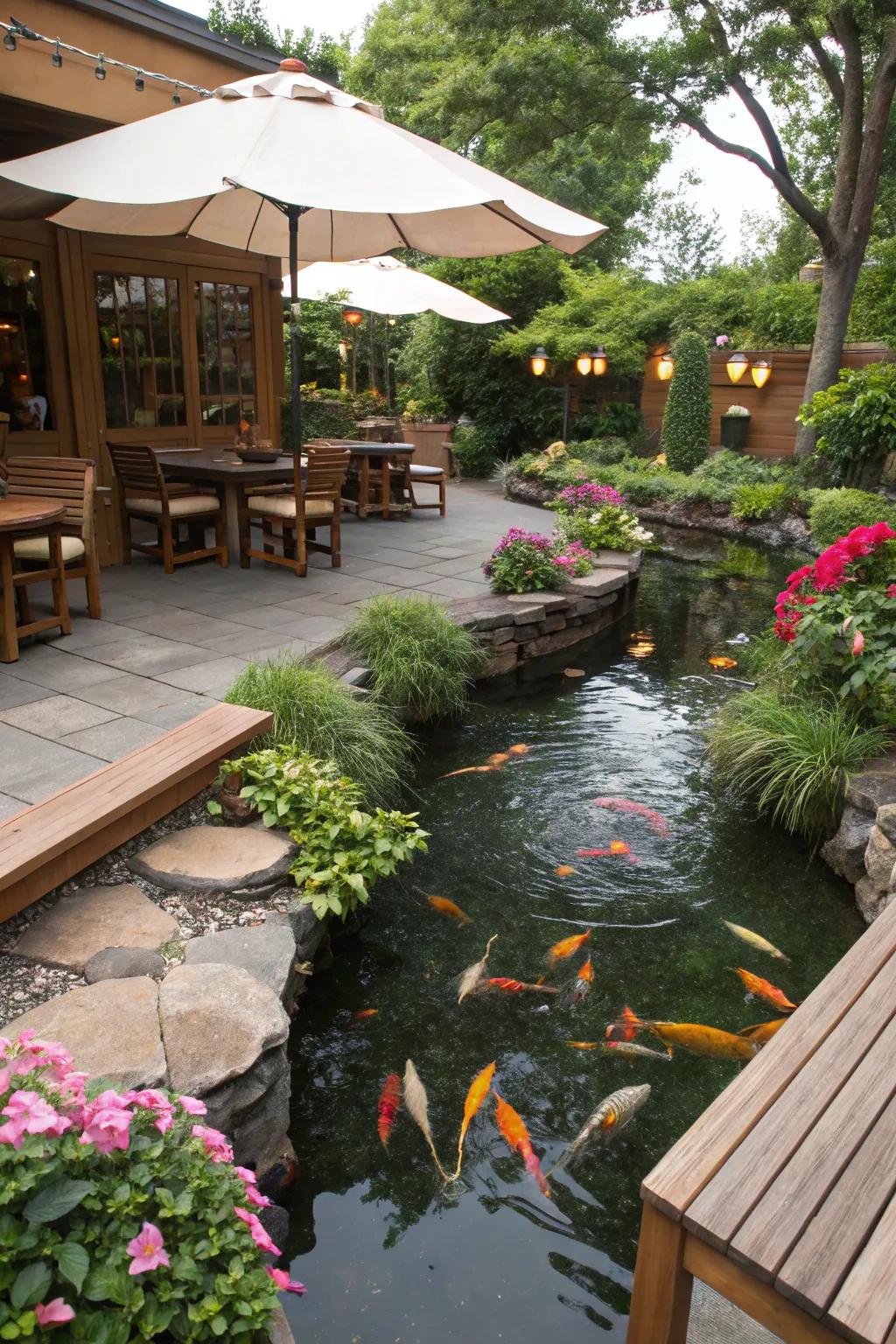 A koi pond integrated with an outdoor living space.