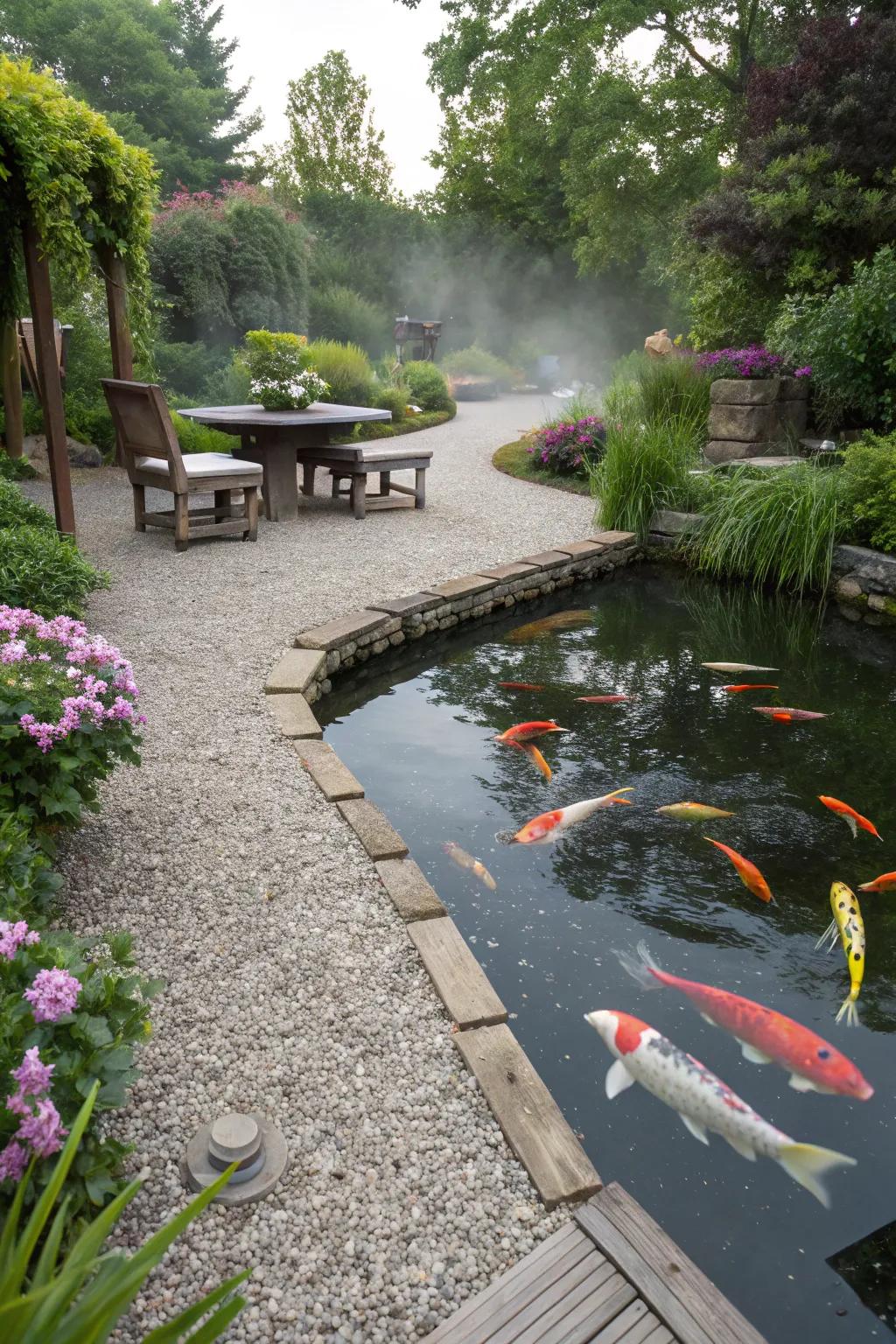 A koi pond with a pathway and seating for relaxation.