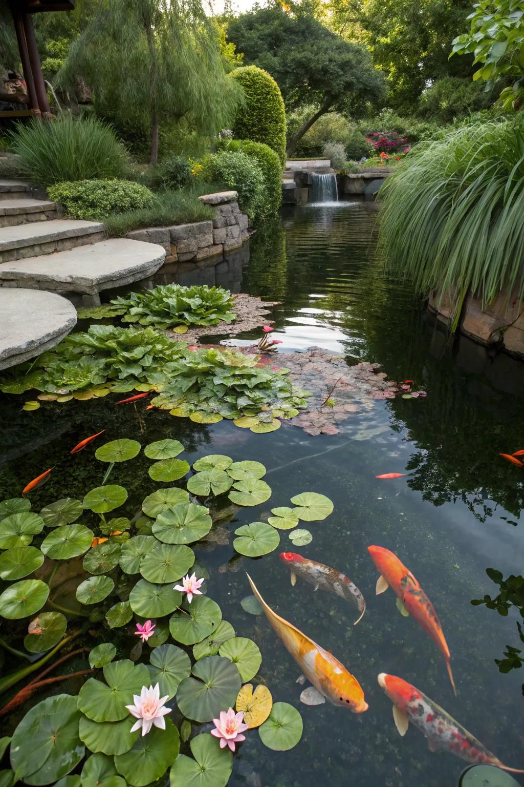 A koi pond enriched with a variety of aquatic plants.