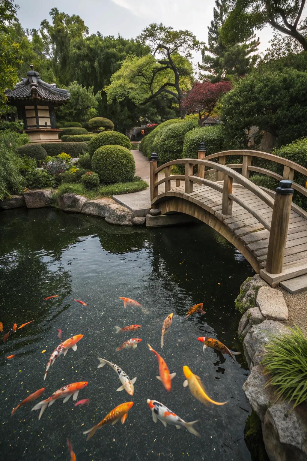 A koi pond with a wooden bridge adding a Zen element.