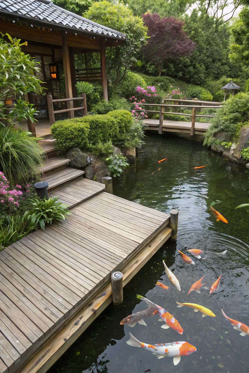 A koi pond with a viewing platform for a better fish-watching experience.