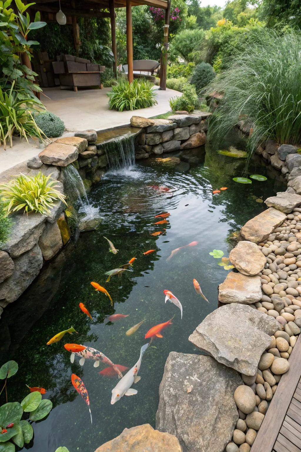 A koi pond with an eco-friendly filtration system.