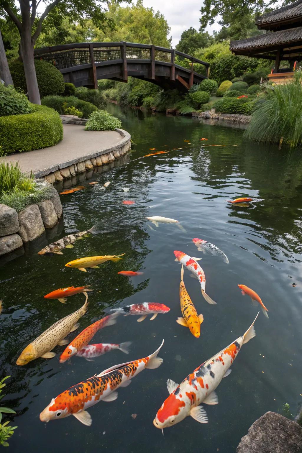 A koi pond with a diverse array of colorful koi fish.