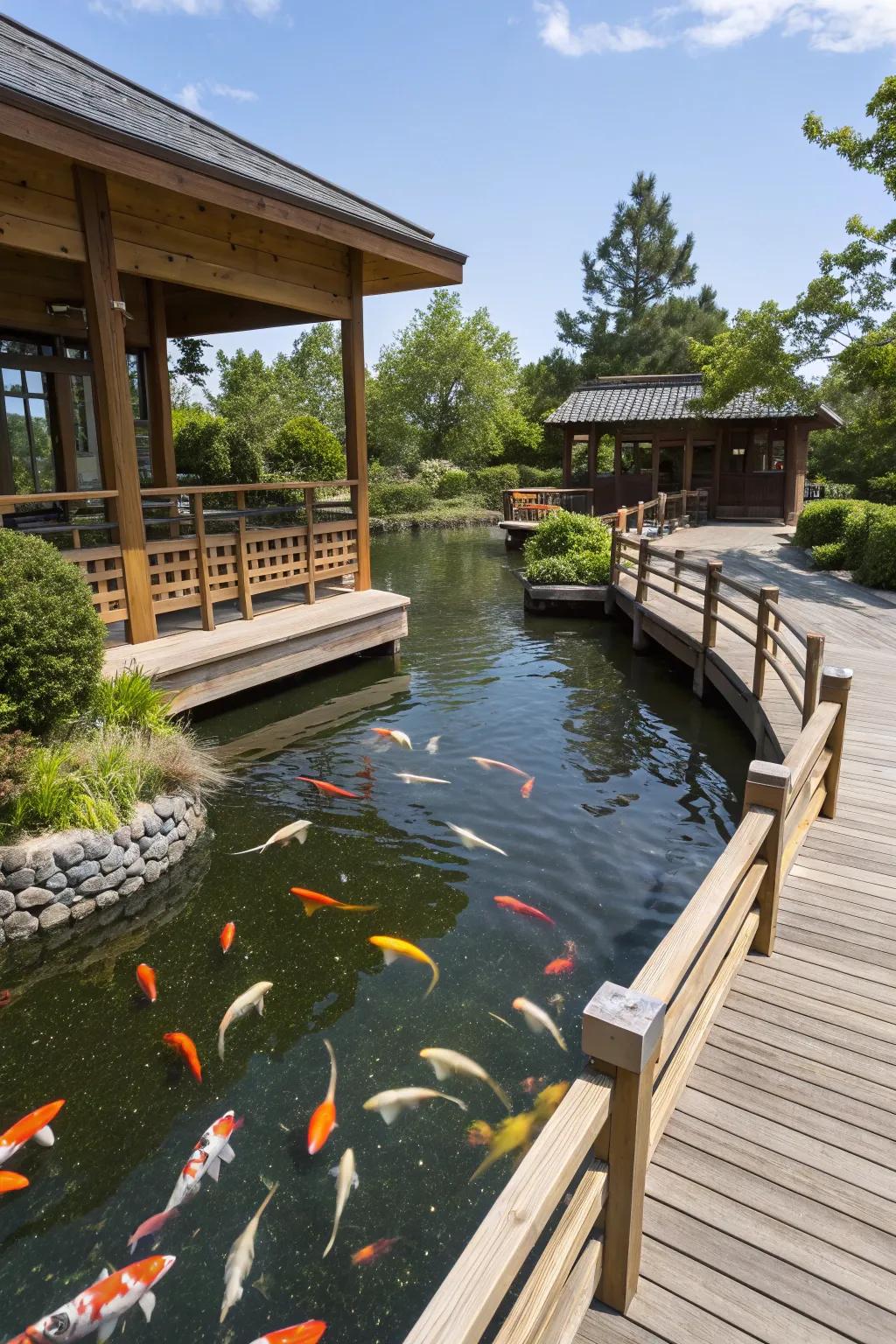 A koi pond with an interactive design for close-up fish watching.