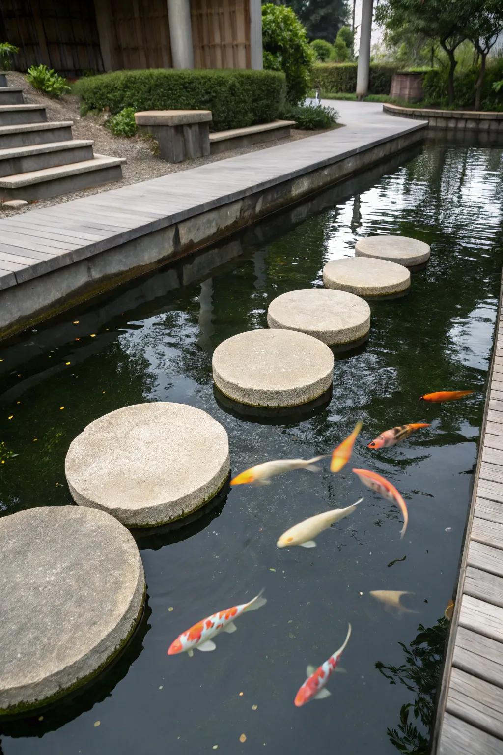A koi pond with minimalist stepping stones for a modern look.