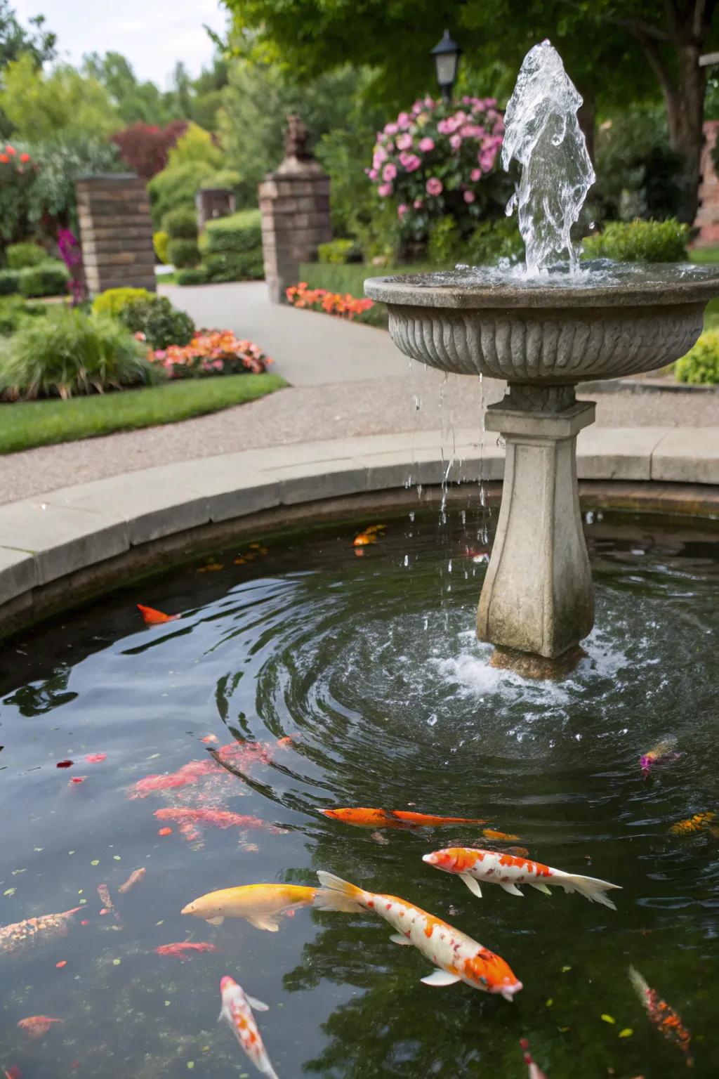 A koi pond enhanced with a soothing fountain.