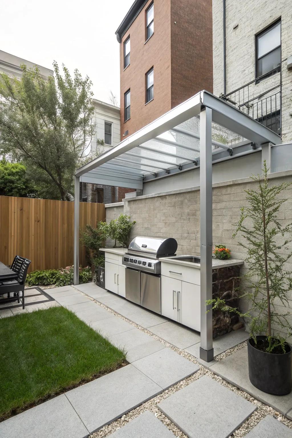 A sleek and contemporary aluminum lean-to for modern spaces.