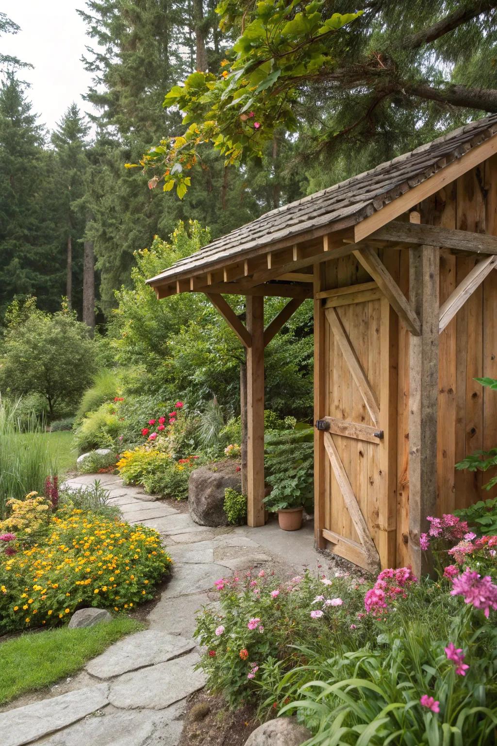 A rustic wooden lean-to harmoniously integrated with its natural surroundings.