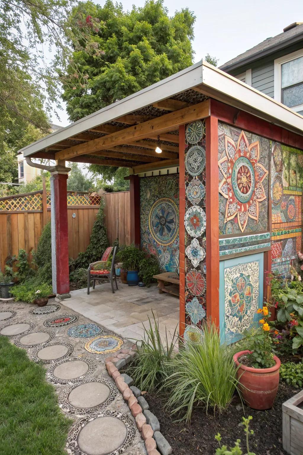 A creatively designed lean-to with vibrant mosaic accents.