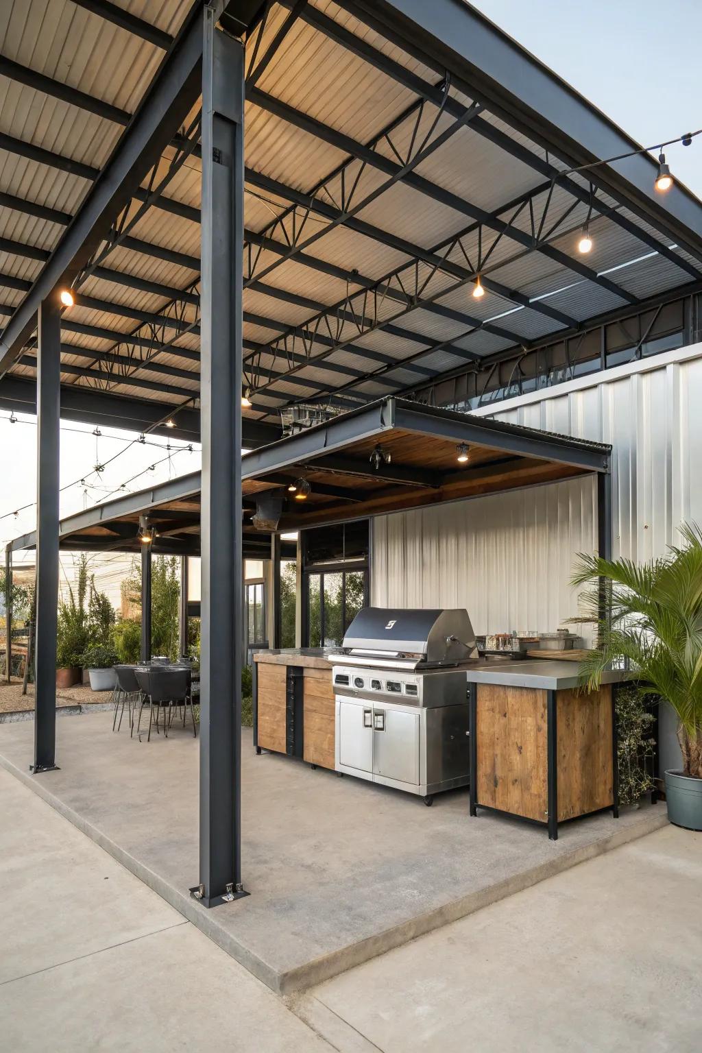 An industrial chic lean-to featuring robust steel beams.