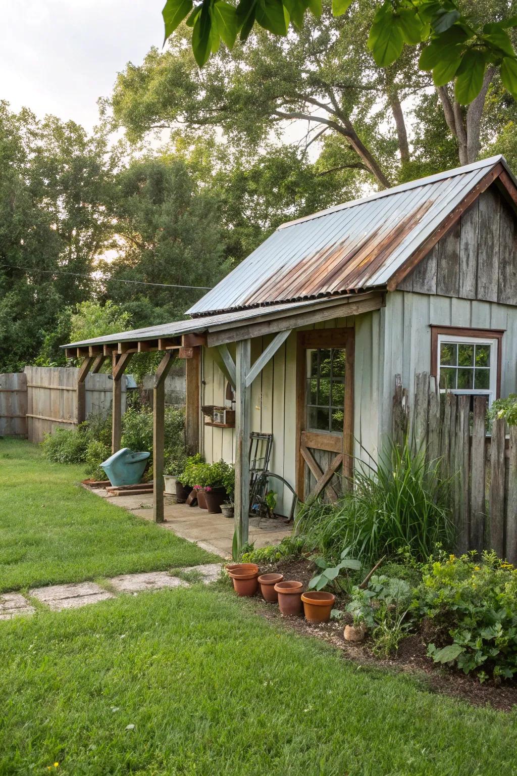 A charming lean-to with a nostalgic tin roof.