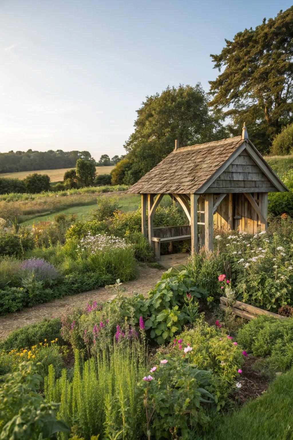 A garden-integrated lean-to that enhances the grilling experience.