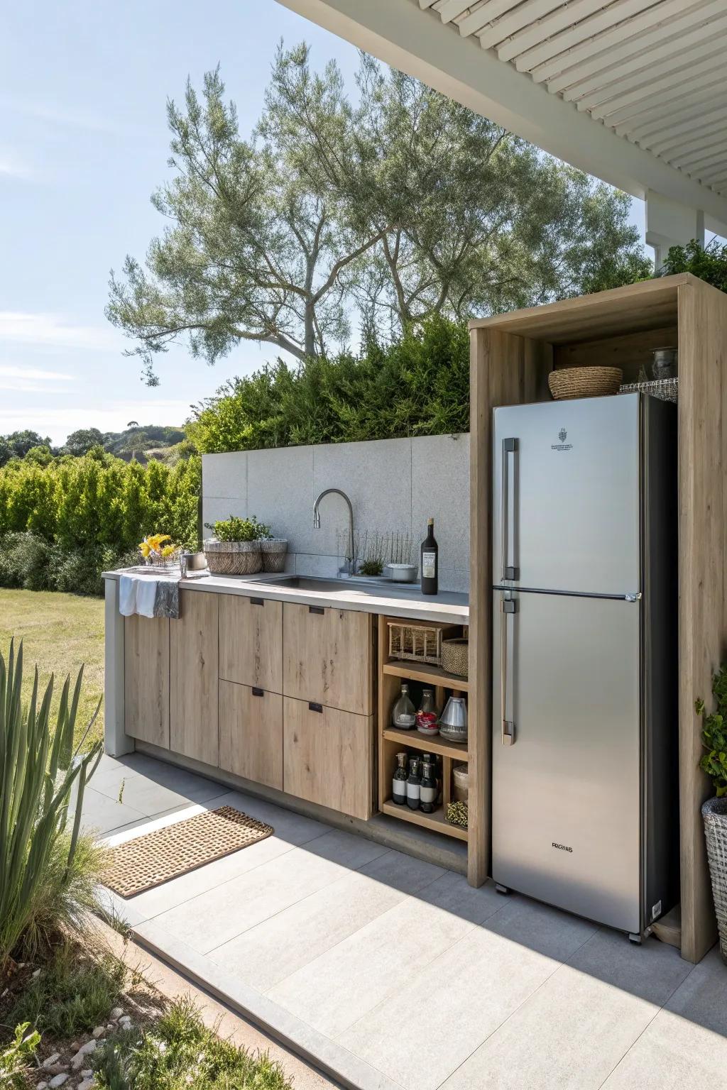Modern appliances enhance the outdoor kitchen experience.