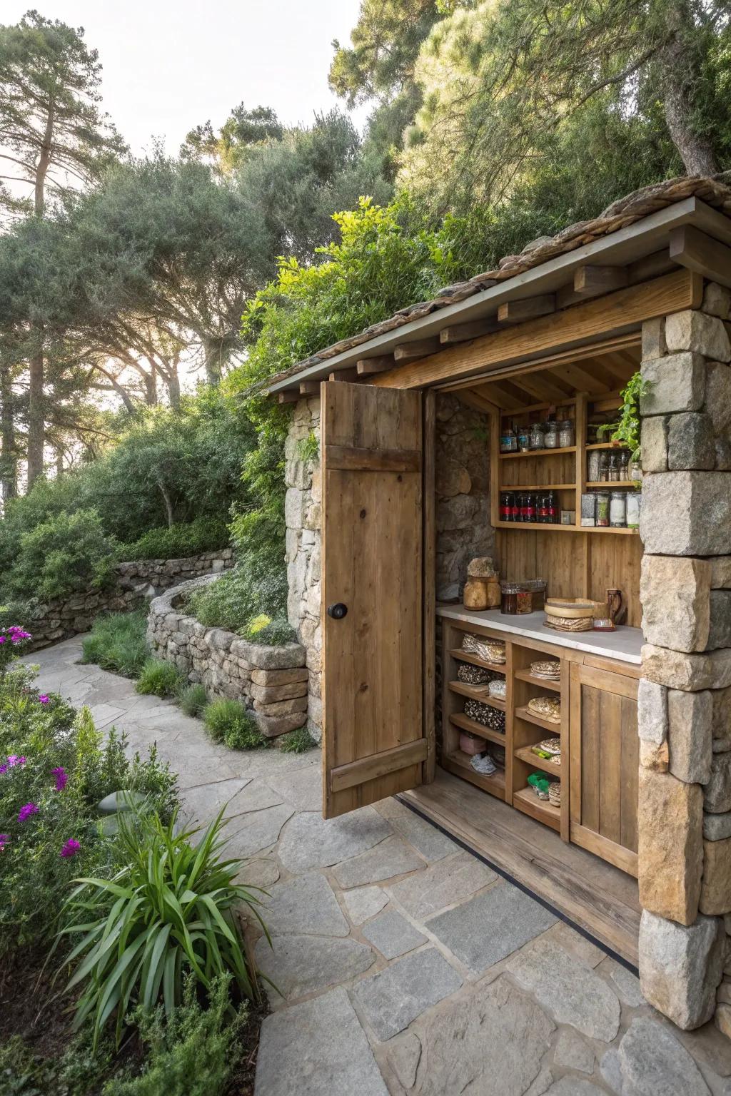 Wood and stone create a harmonious outdoor pantry.