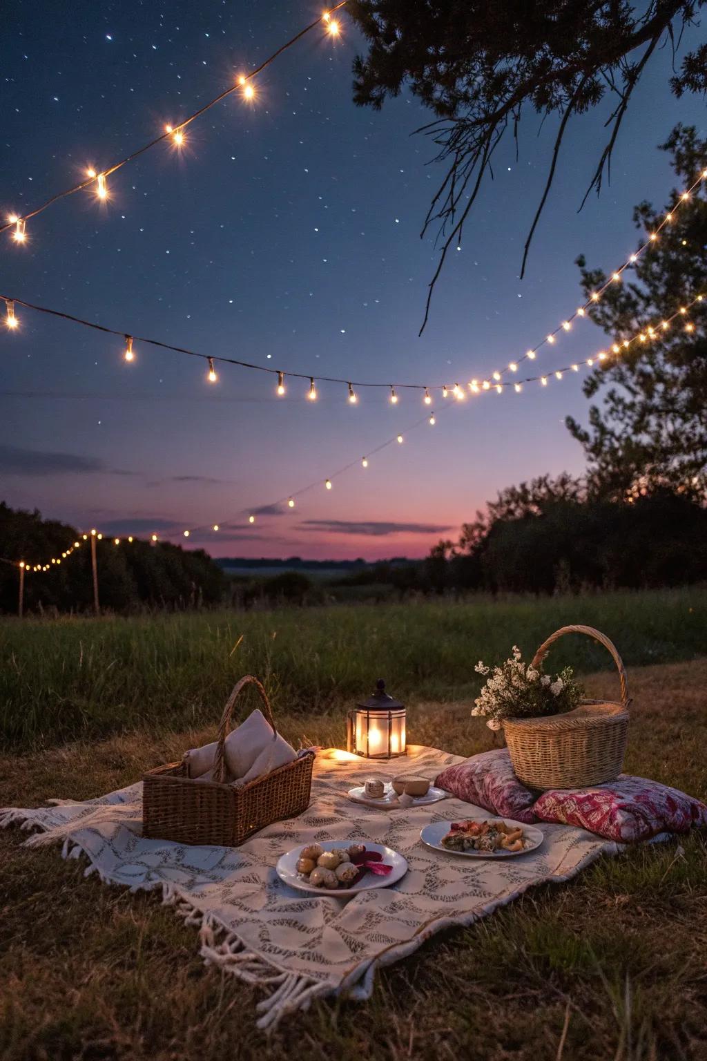 Fairy lights adding a touch of magic to the evening picnic.
