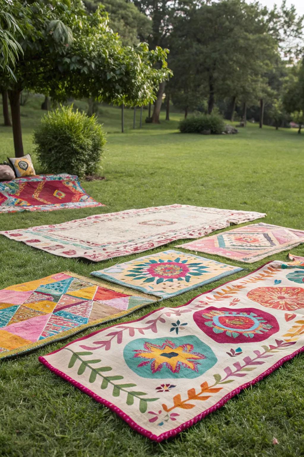 A vibrant spread of rugs creating a cozy picnic area.