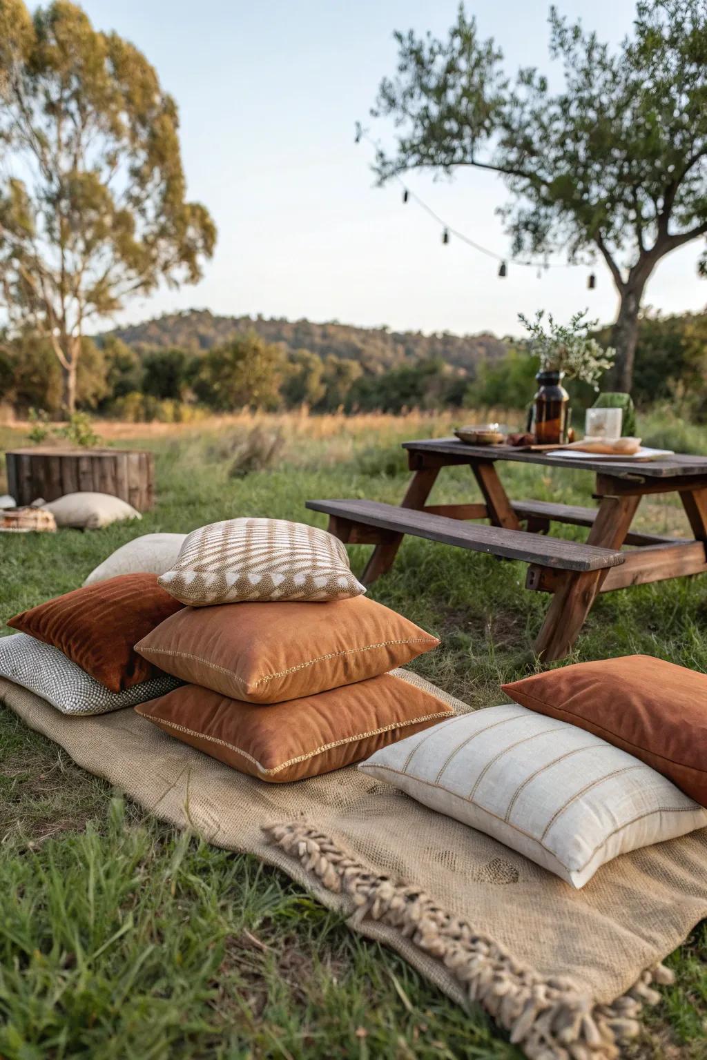 Comfortable seating with assorted cushions for a relaxed vibe.