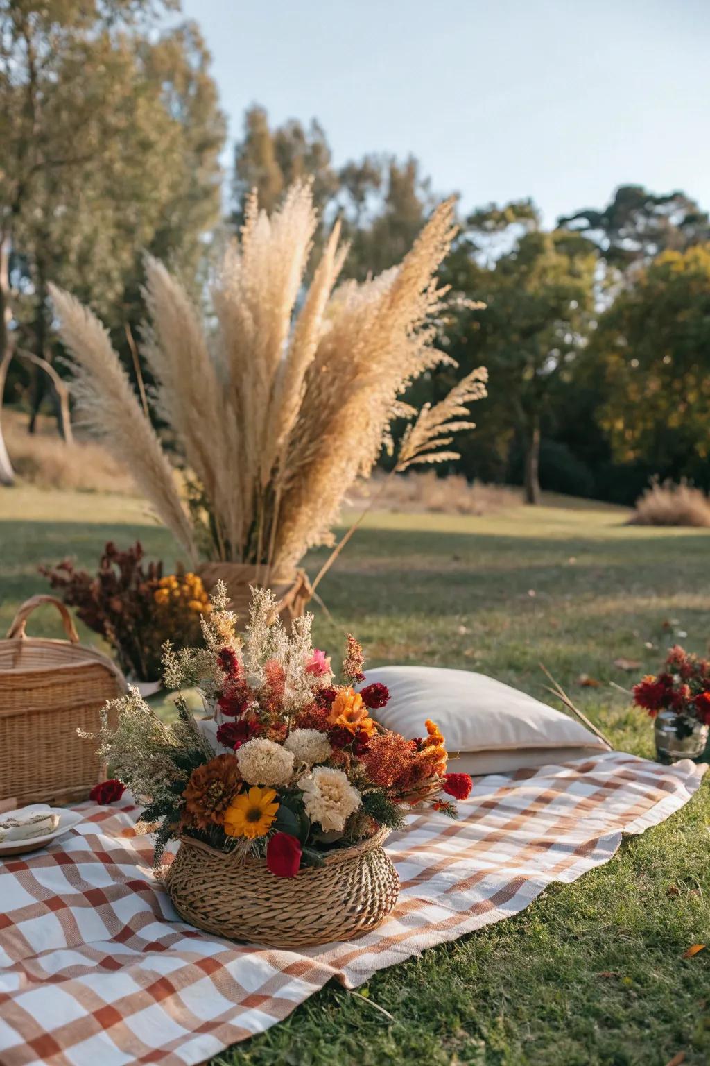Natural decor featuring dried flowers and pampas grass.