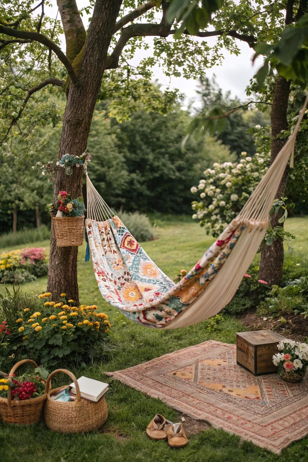 A hammock adds a touch of relaxation to the picnic setup.