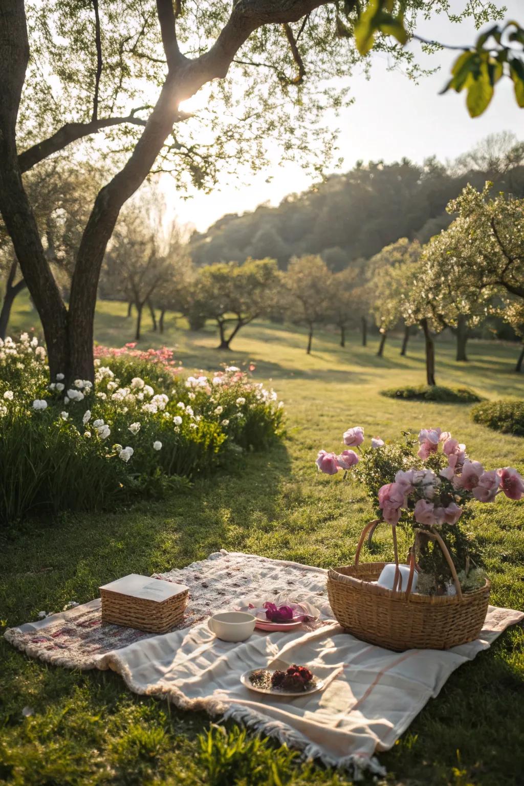 A tranquil picnic setting with natural beauty all around.