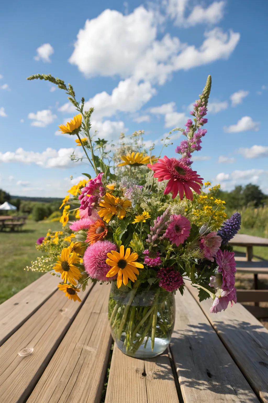 A centerpiece of wildflowers adding color and charm.