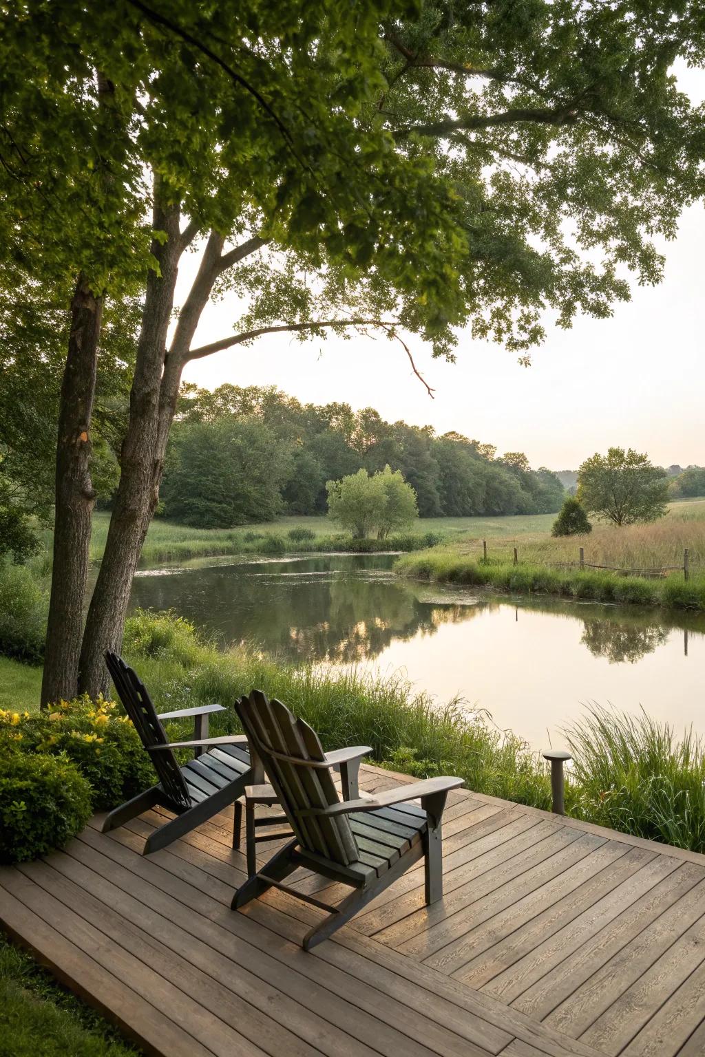 Relax by the pond with a dedicated seating area.