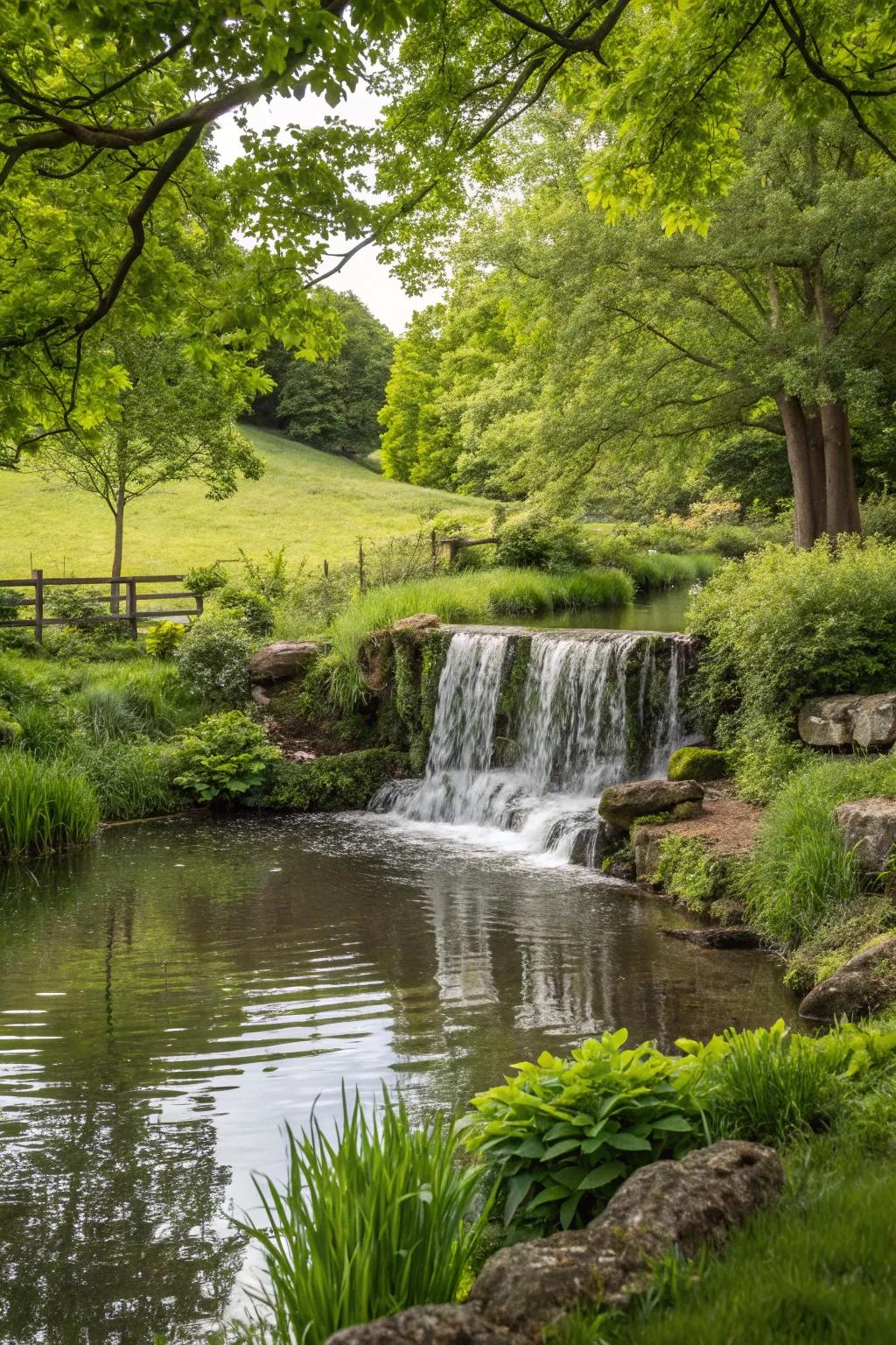 Introduce the calming sound of water with a charming waterfall.