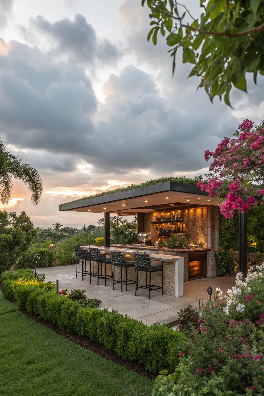 A garden-integrated bar, blending harmoniously with its surroundings.