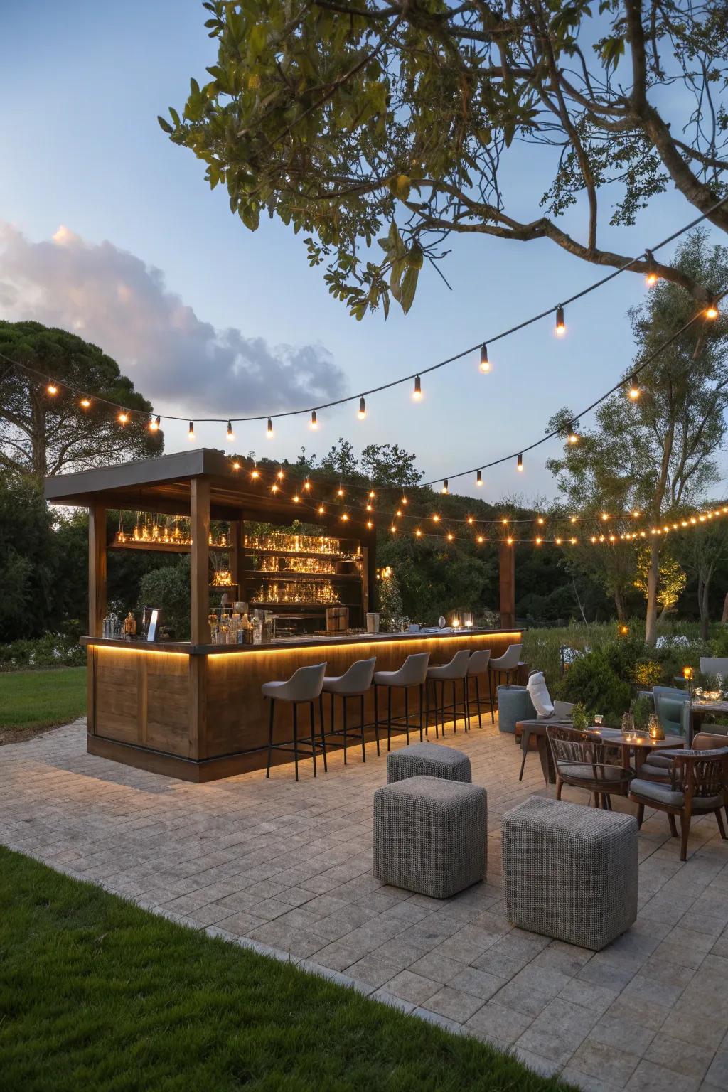An outdoor bar beautifully illuminated by integrated lighting.