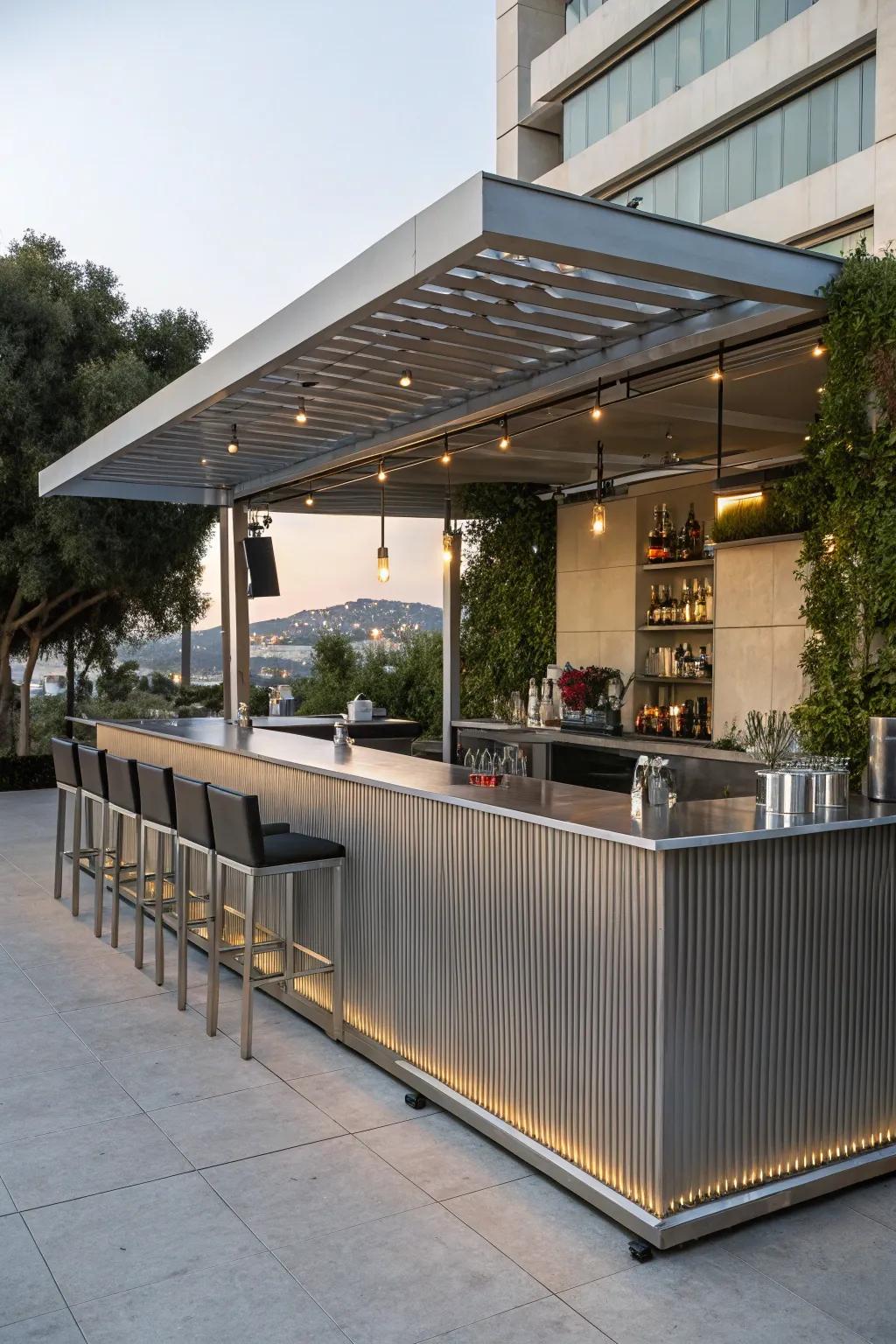 A modern, metallic-finished bar that exudes style.