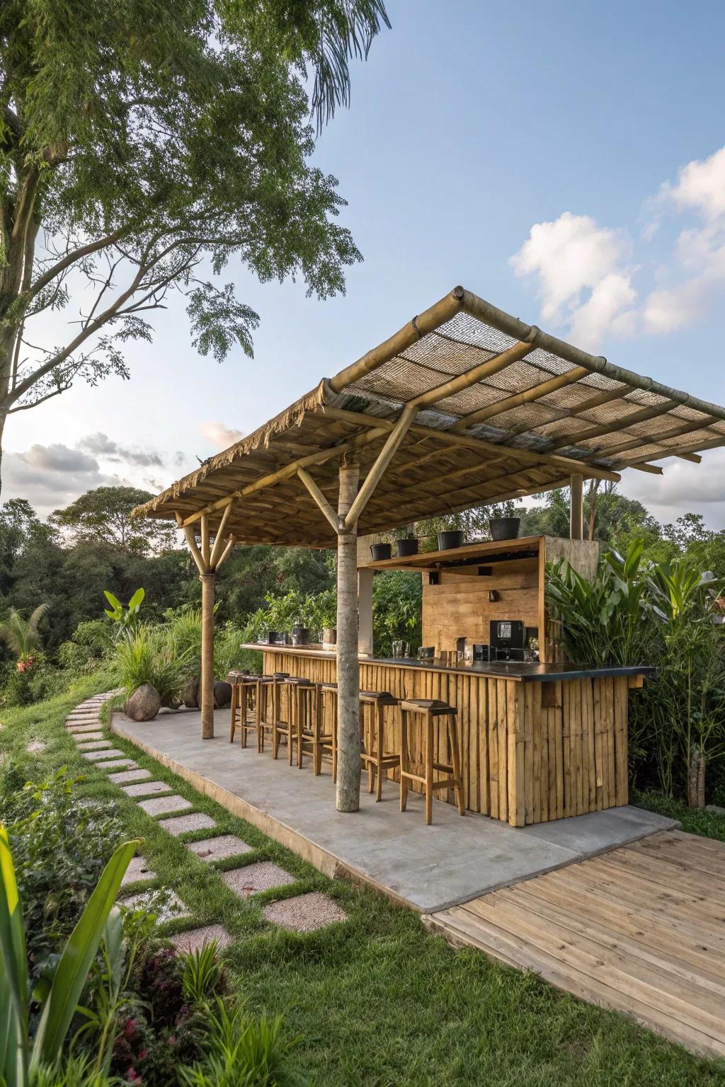 An eco-conscious outdoor bar crafted from sustainable materials.