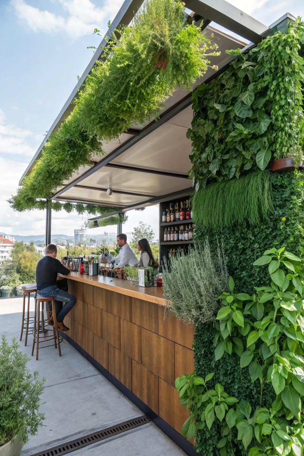 A vibrant outdoor bar with a lush vertical garden backdrop.