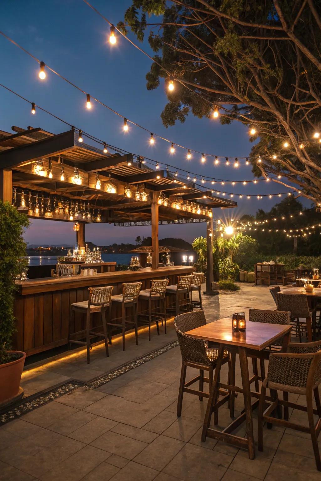 An enchanting outdoor bar, beautifully lit by string lights.