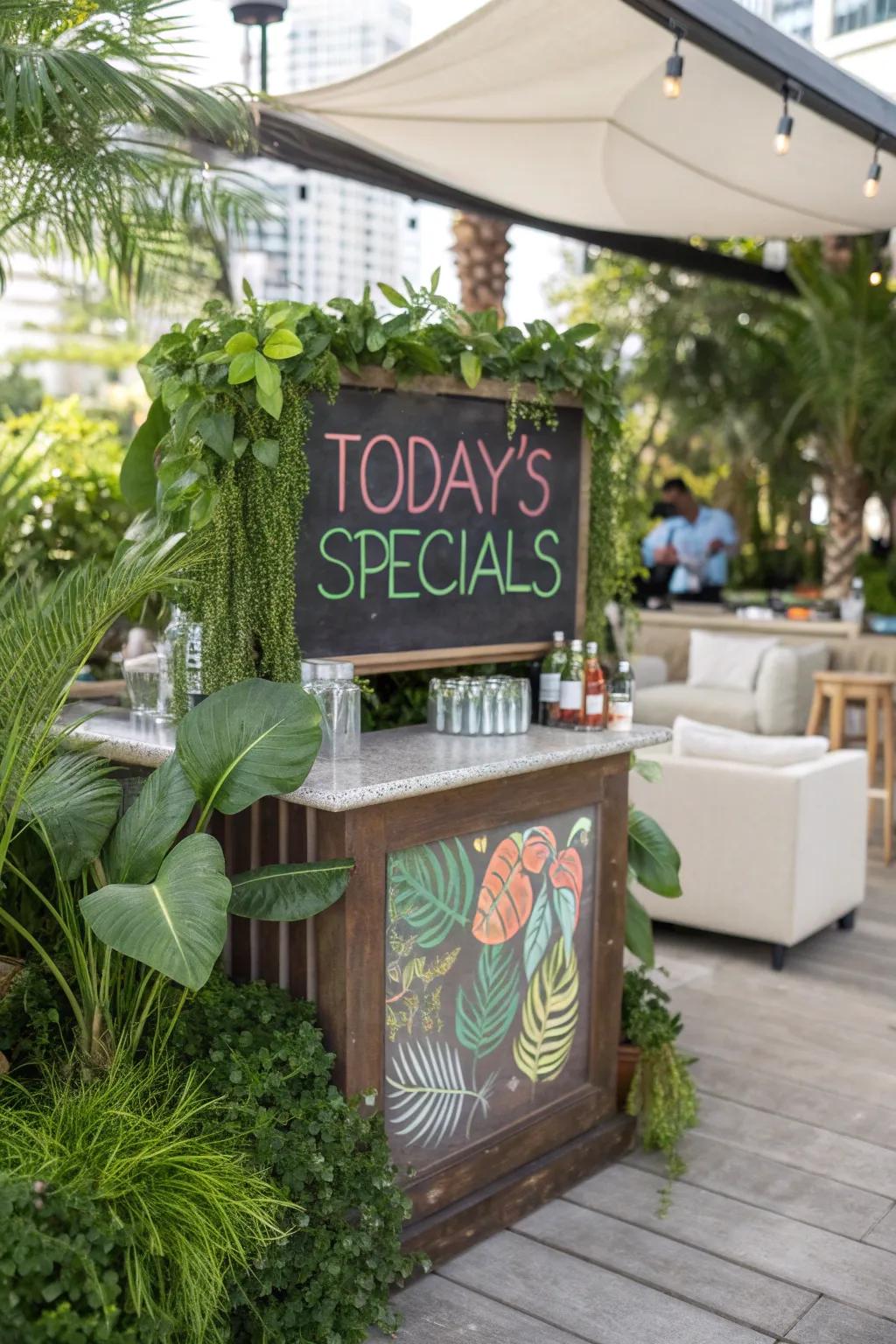 A charming outdoor bar featuring a functional chalkboard menu.