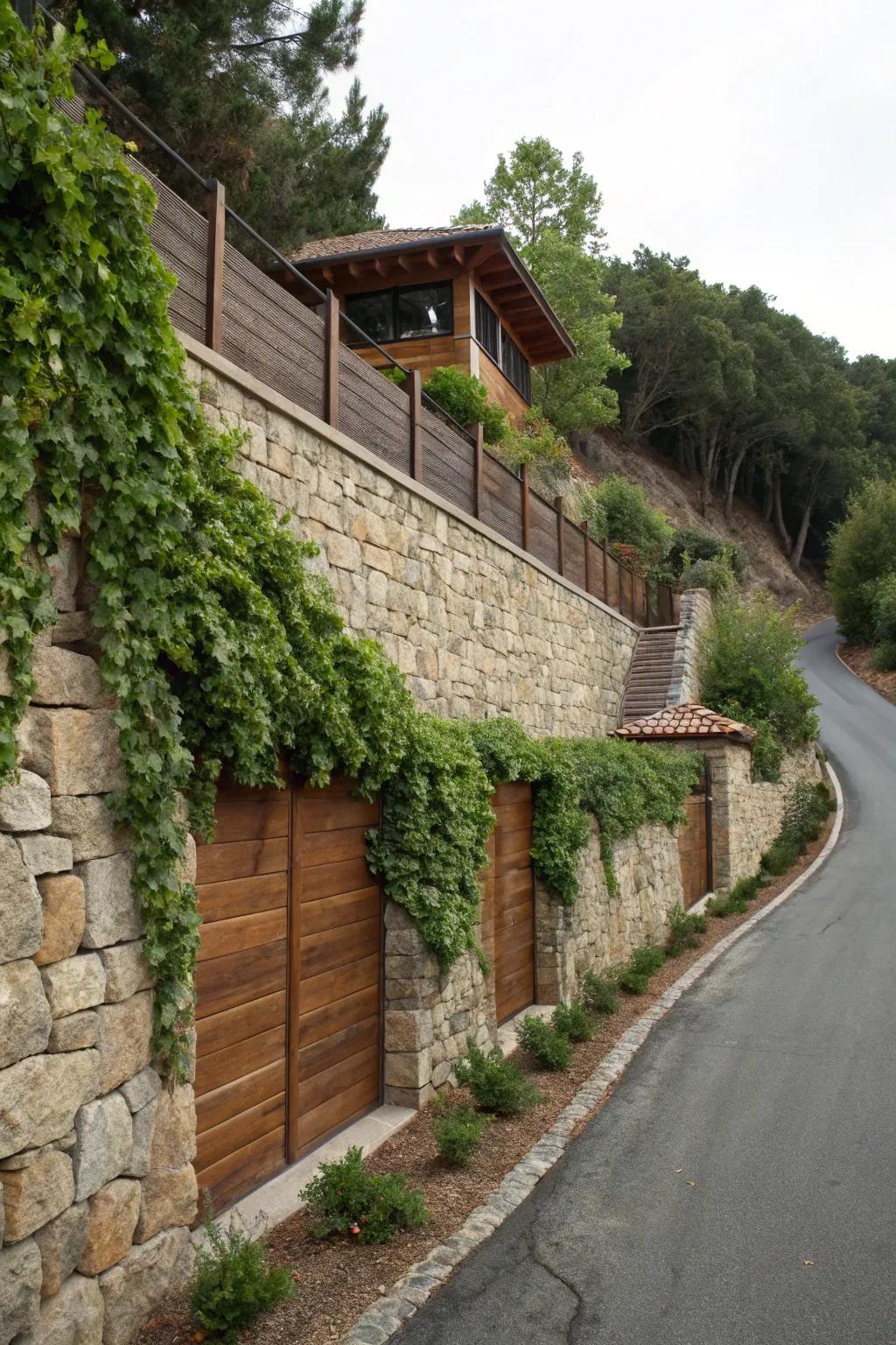 A blend of textures creates a visually appealing retaining wall.