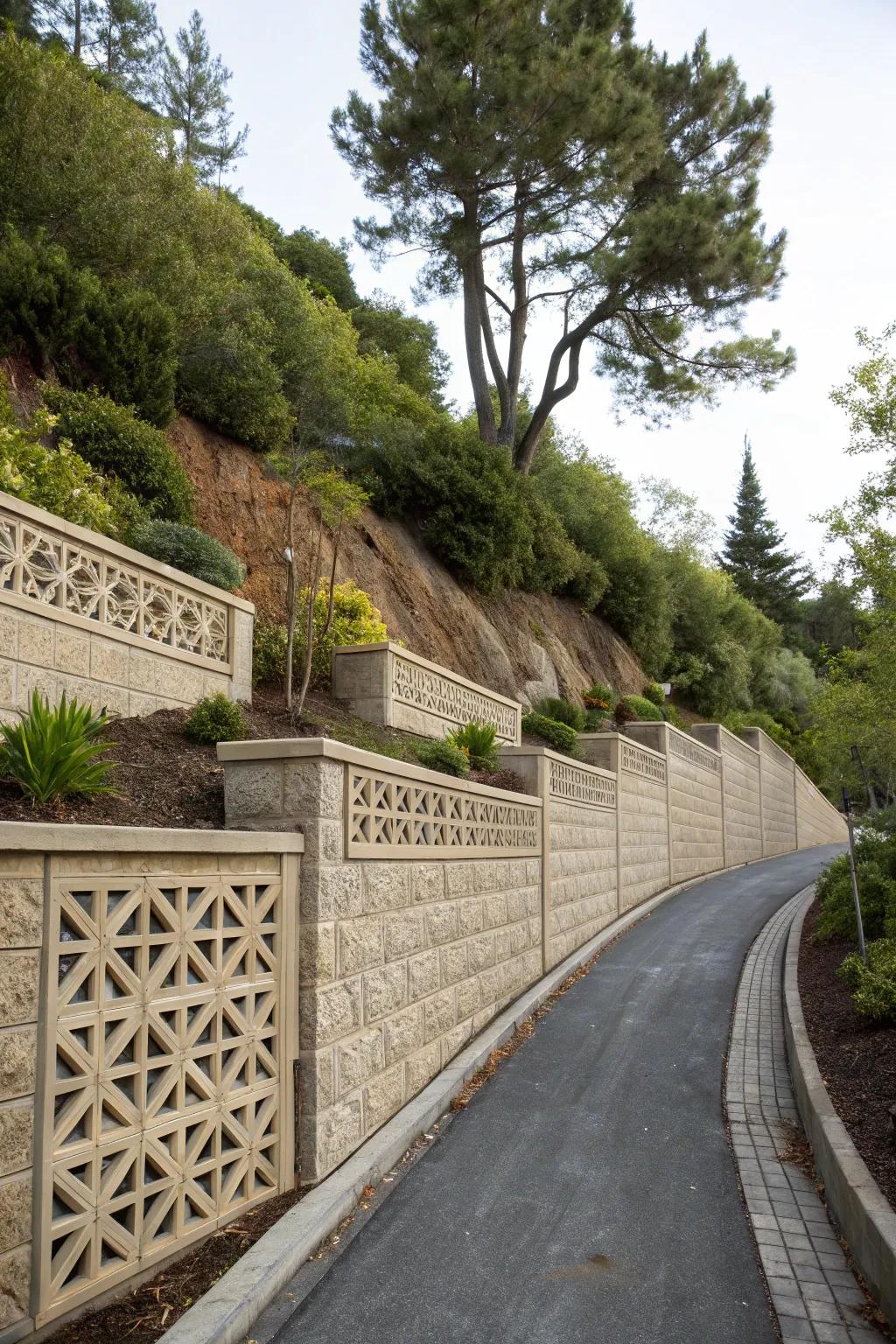 Geometric patterns bring a modern touch to this driveway wall.