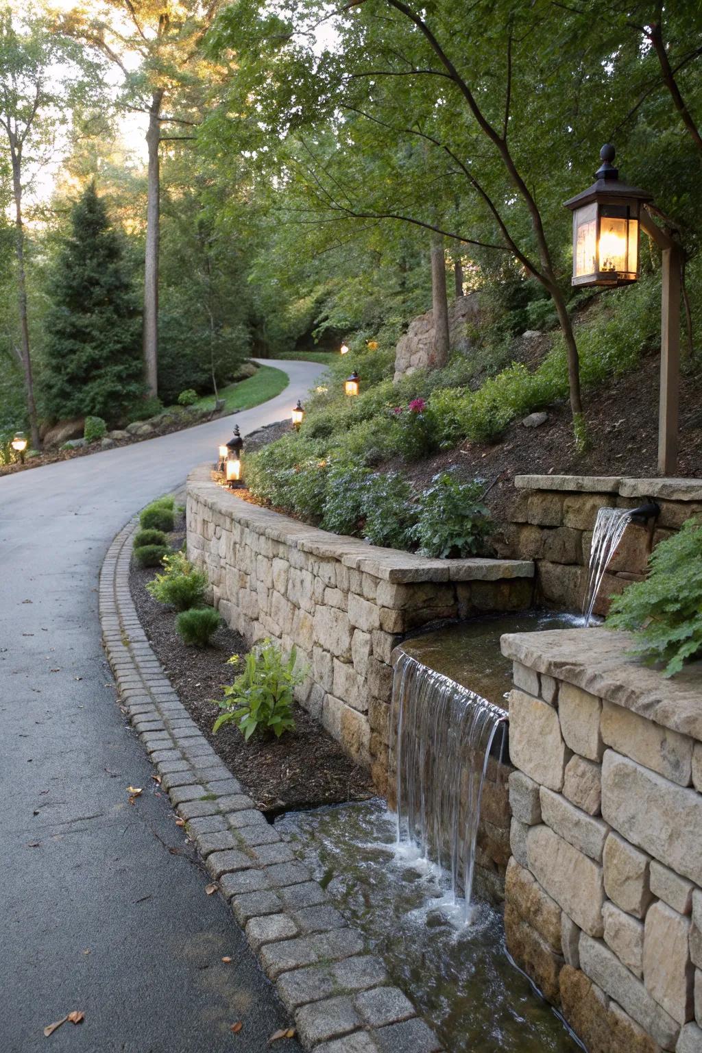 A water feature adds a serene touch to this driveway wall.