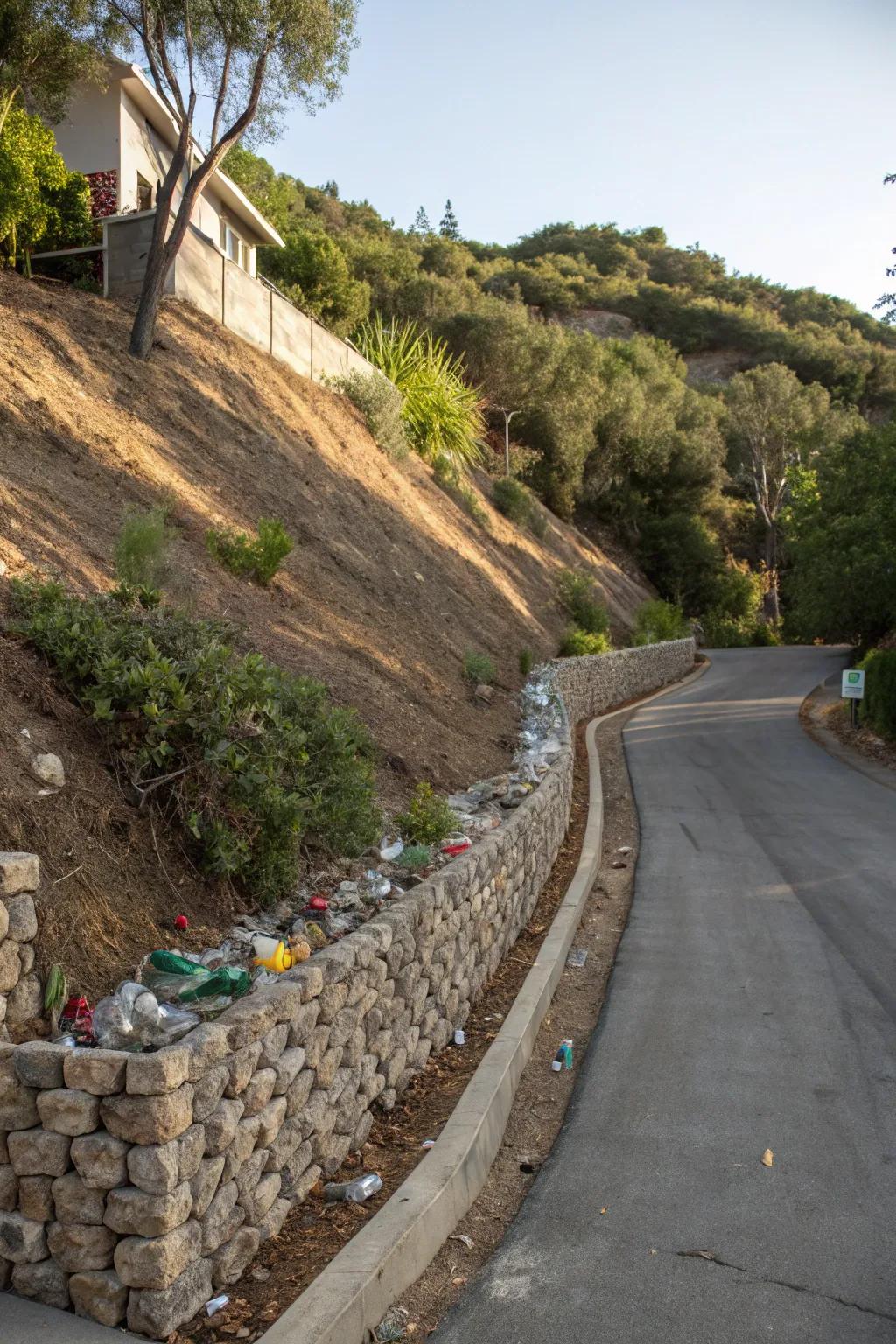 Recycled materials create a sustainable and stylish retaining wall.