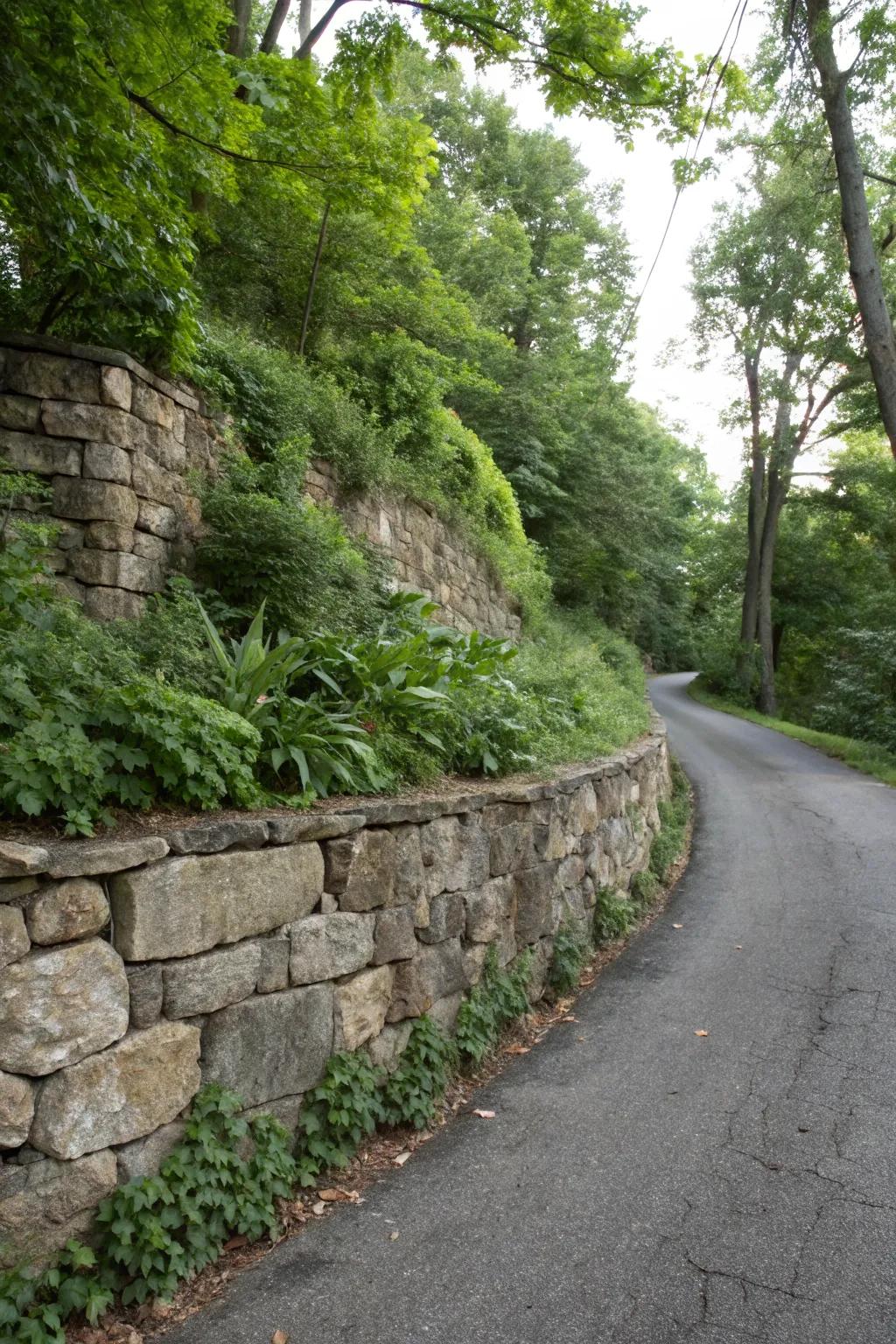 Natural stone adds timeless elegance to this driveway retaining wall.
