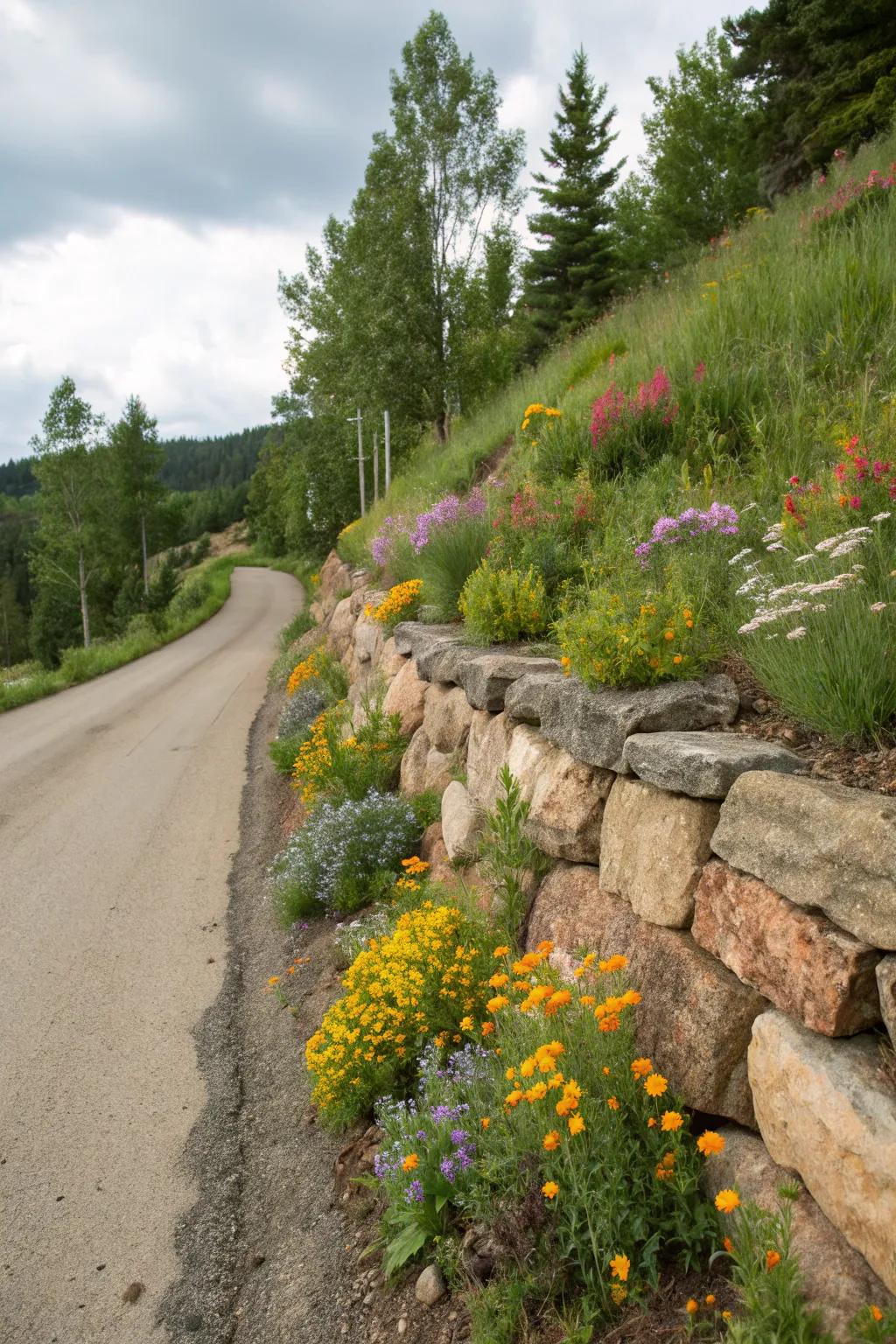 Natural boulders bring rustic charm to this sloped driveway.