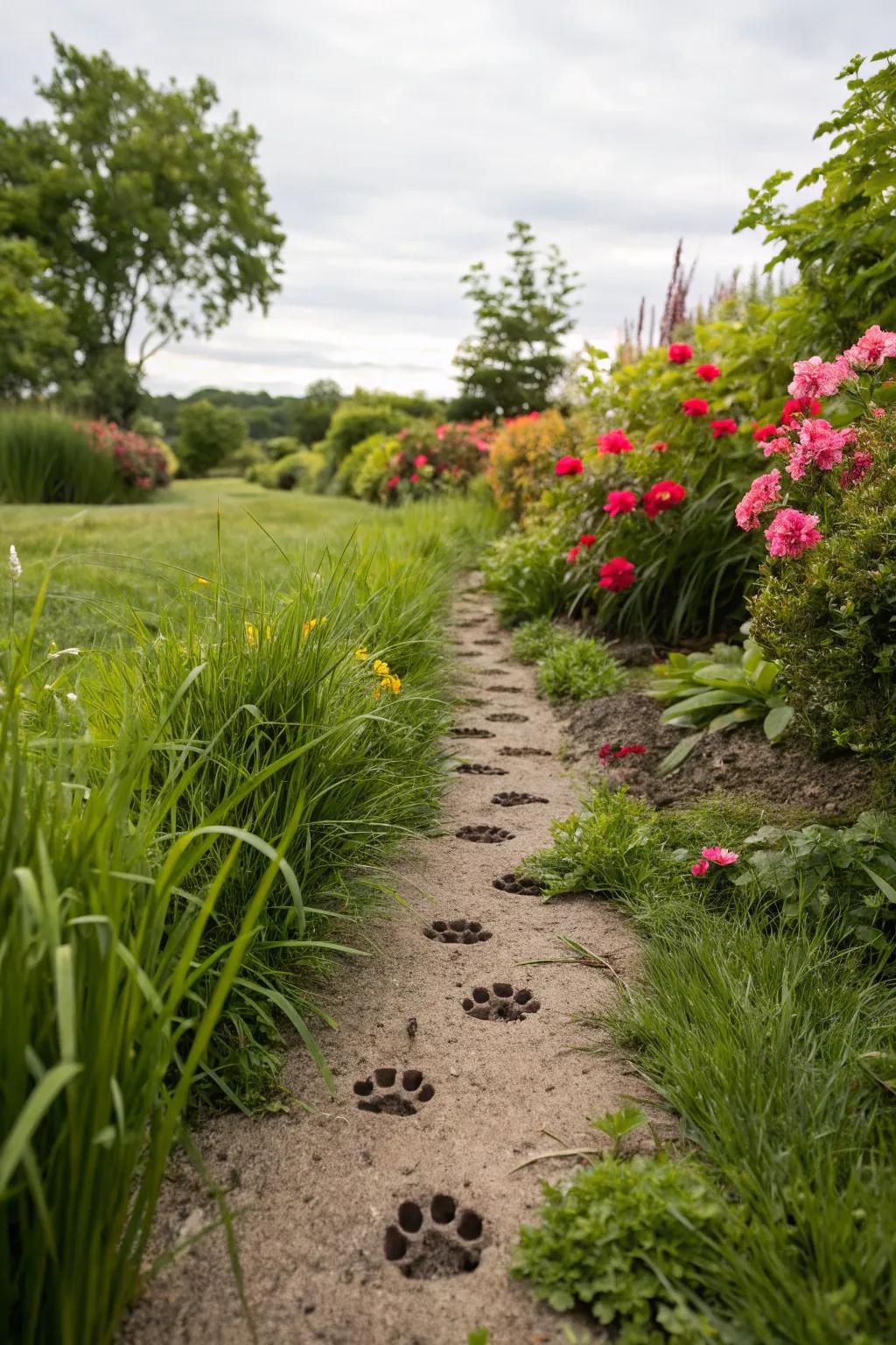 A pathway of paw prints guiding through the garden.